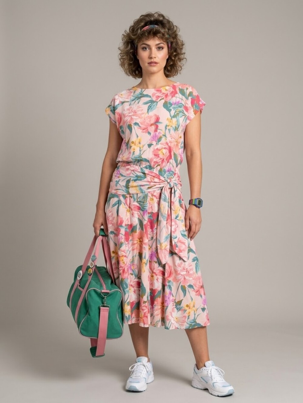 Vintage Carolle Little 80s Floral Tie-Waist Midi Dress